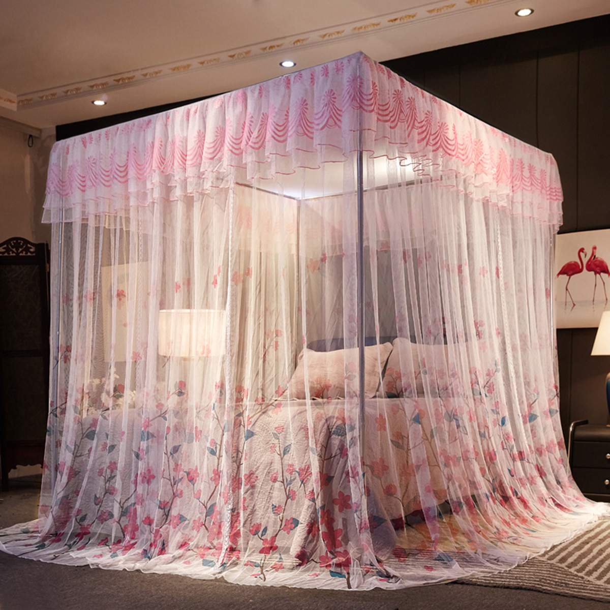 Mosquito Net Romantic Lace Bed Canopy Nets Three-door Bed Curtain Home Textiles Decor Without Frame