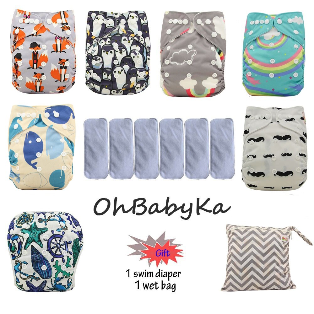 Ohbabyka Baby Cloth Diaper Couche Lavable Training Pants 6pcs Reusable Pocket Diaper Cover+6pcs Bamboo Insert Baby Nappies: 97