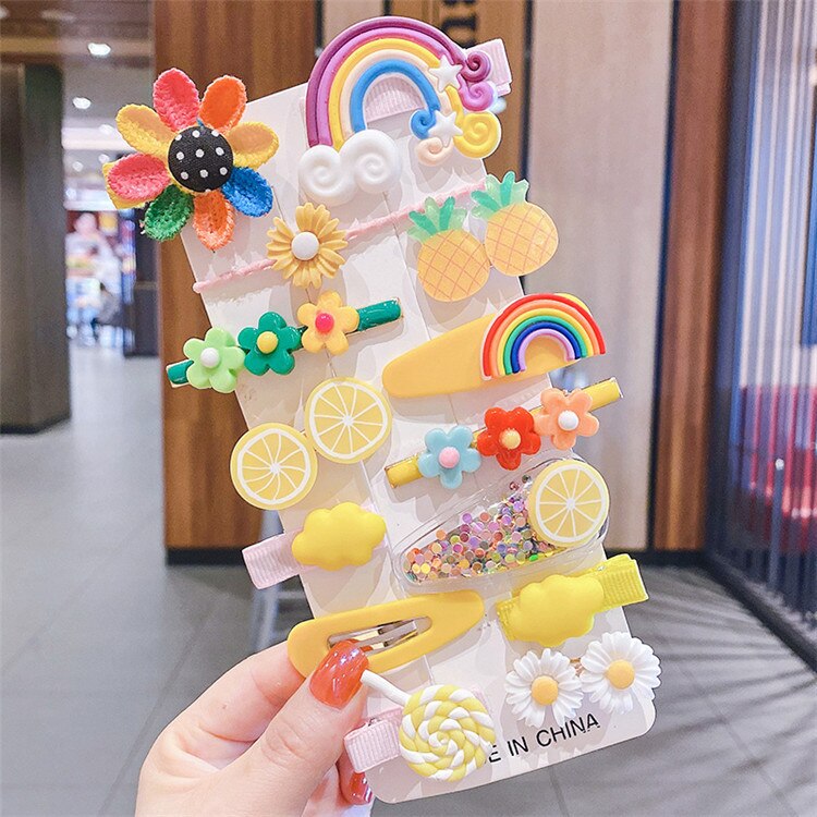 14 unids/caja niños dulce lindo de dibujos animados de seguridad adorno para el cabello Clips chicas bebé bandas para el cabello de los niños horquillas accesorios para el cabello: 14PC Yellow2 Headwea