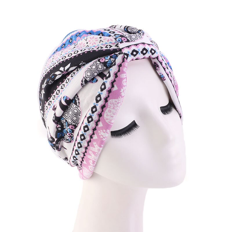 Elastische katoenen tulband hoed bloemenprint dames warme hoofddoek muts binnen hijabs muts moslim hijab vrouwelijke wikkel hoofd: Roze