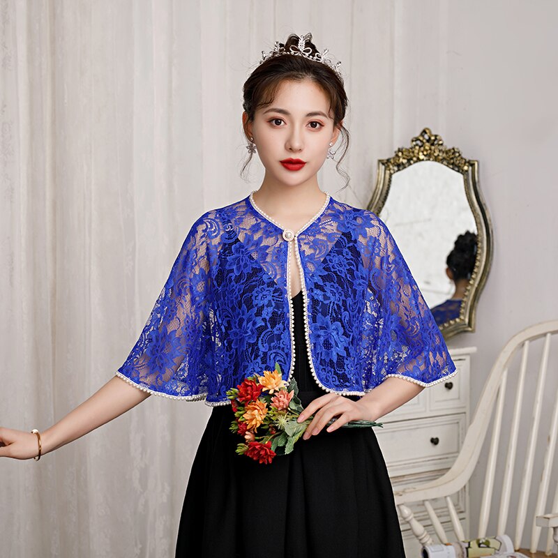 Women Lace Jacket Evening Wraps Bridal Wedding Party Bolero Pears Beaded With Brooch: Blue