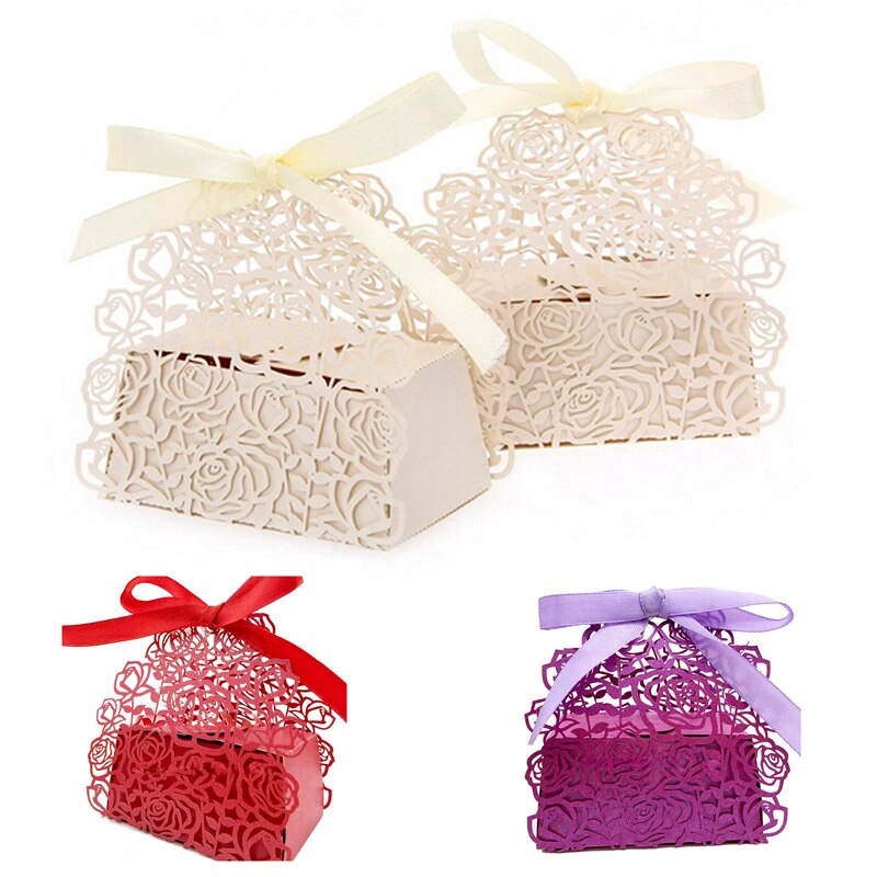 20 Pcs-Rozen Bloemen Wedding Candy Box Met Linten Beige