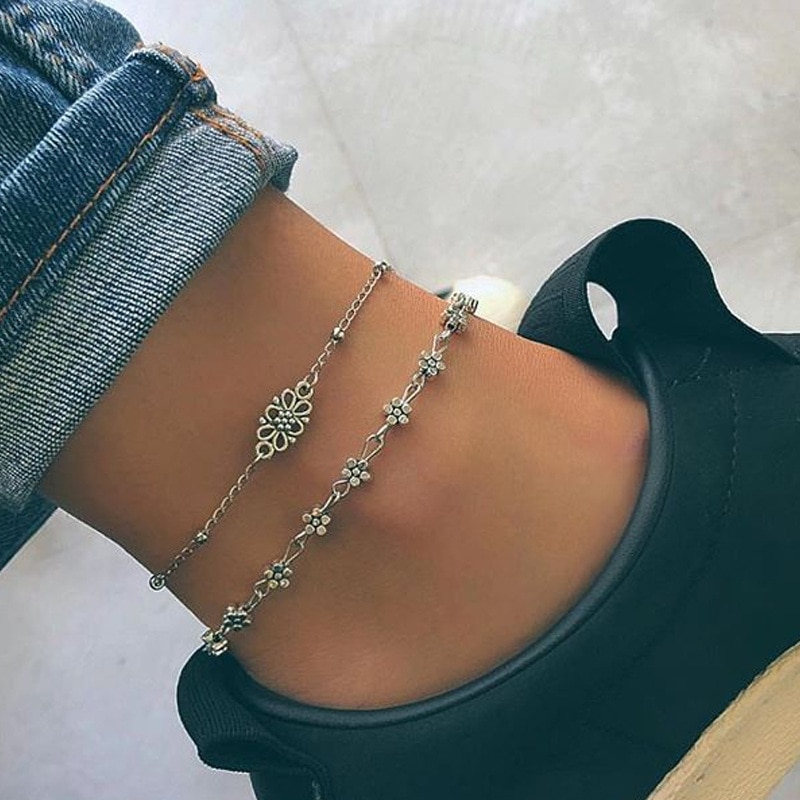 2 Pcs/set Trendy Anklet Silver Hollow Flower Carved Heart Double Layer Beach Ankle Bracelet Barefoot Anklets Bohemian Jewelry