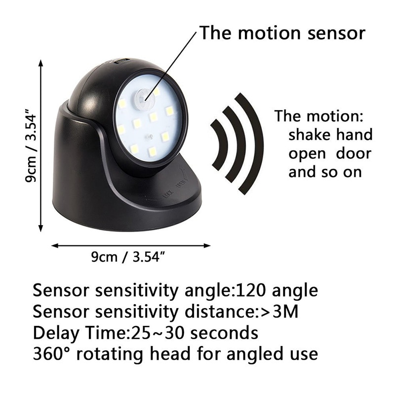Sans fil capteur de mouvement lumière 9 LED AAA alimenté par batterie 360 degrés Rotation nuit lumière mouvement LED intérieur extérieur applique murale