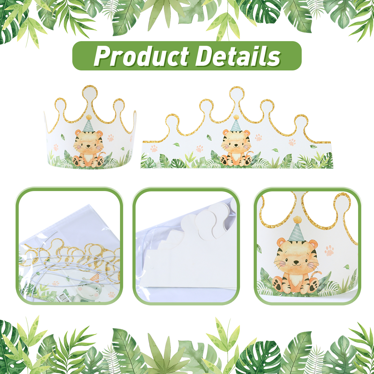 6pcs Cartoon Jungle Animal Party Paper Caps Crown Party Hats For Kids Wild One Birthday Party Woodland Baby Shower Supplies