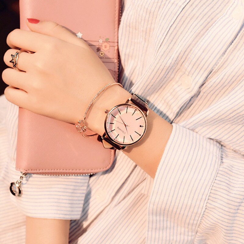 Ulzzang-montre-bracelet à cadran pour femme | Montre à quartz de luxe, Polygonal, robe, populaire, blanc, cuir: Pink glass Brown