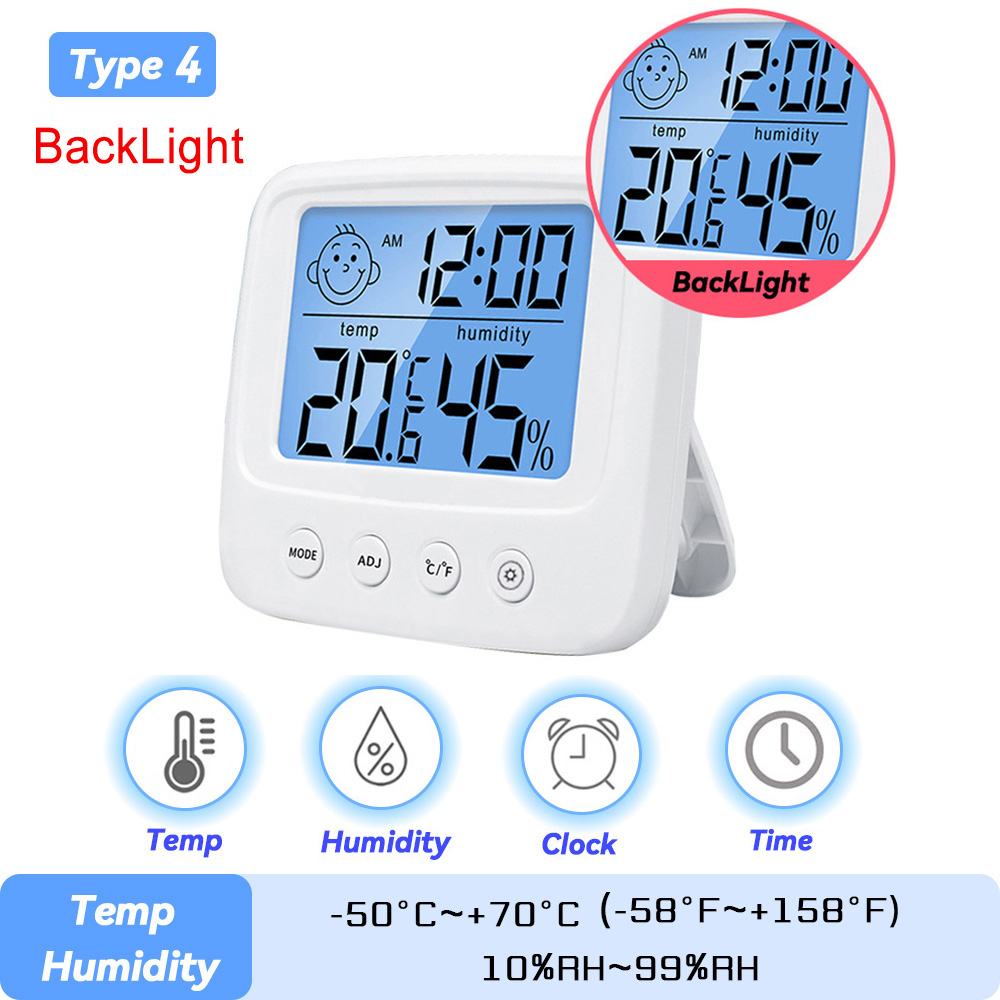 LCD Electronic Digital Temperature Sensor Humidity Meter Backlight Thermometer Hygrometer Gauge Indoor Weather Station Clock: E0828S BackLight