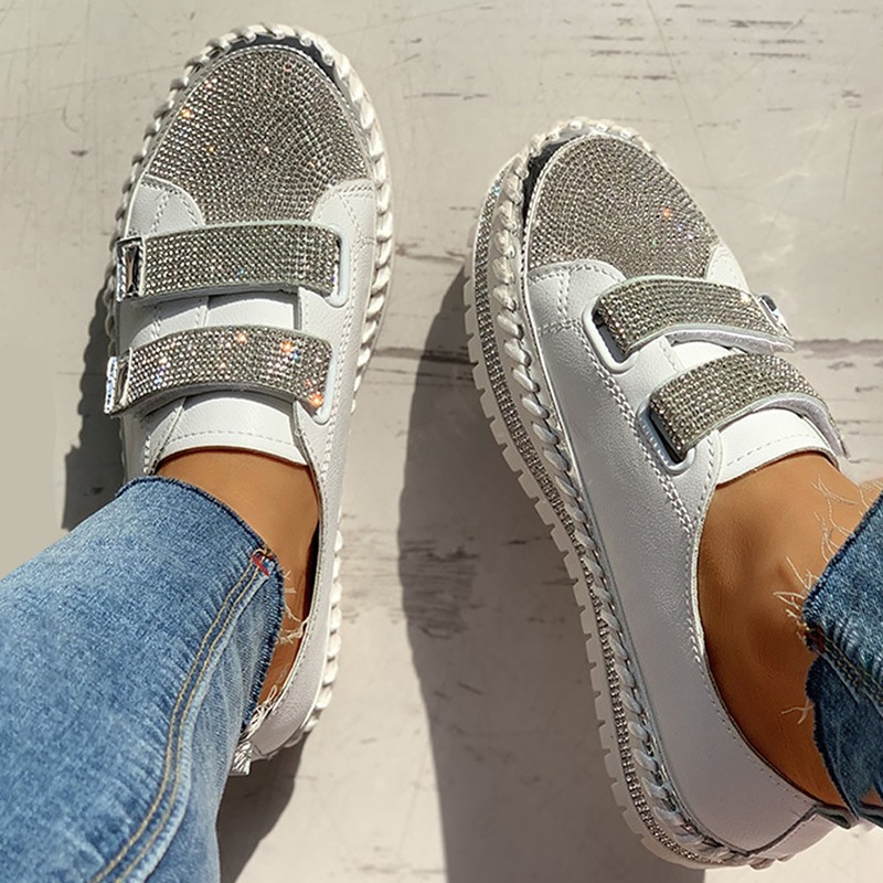 Dam strass casual daglig magic tape sneakers tjocka botten lazy casual dam skor strass kvinnliga platta skor