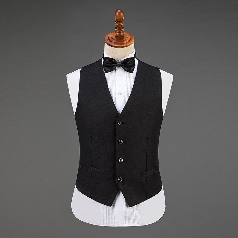 Men Vest Luxury Wedding Prom Waistcoat Mens+Bow Tie Solid Casual Vests Men Party Show Singer Men Clothing Gilet Homme: black / Asian XL