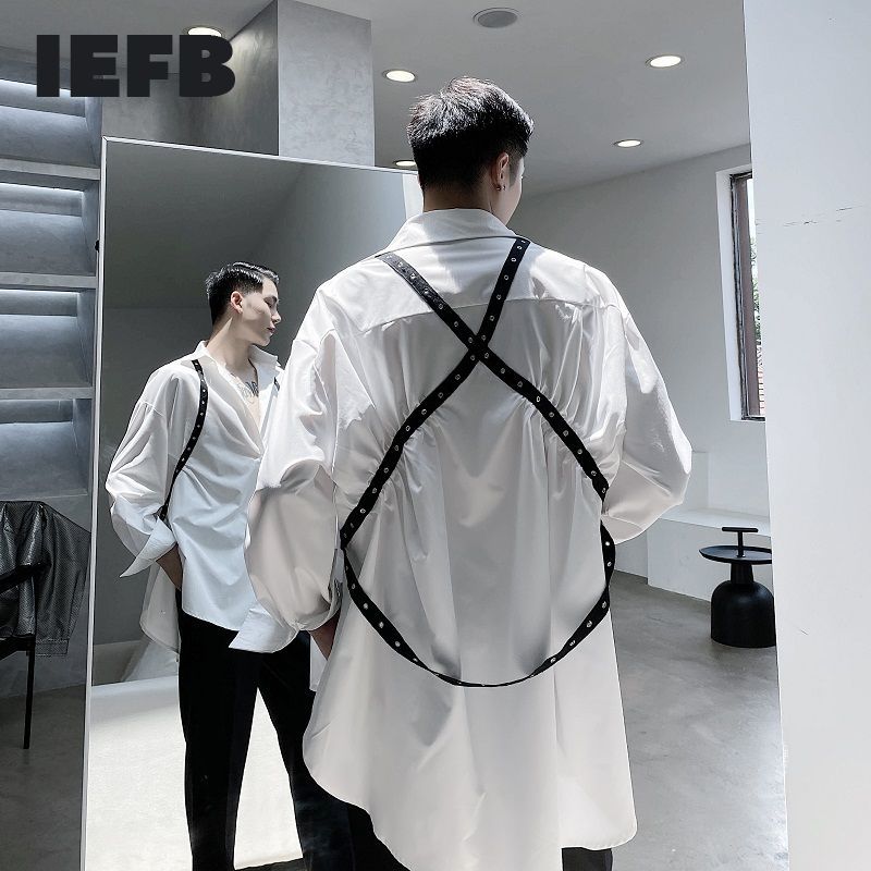 Iefb /herrkläder höst lös stor skjorta personlighet nit band nisch fashionabla svarta vita toppar 9 y 3316