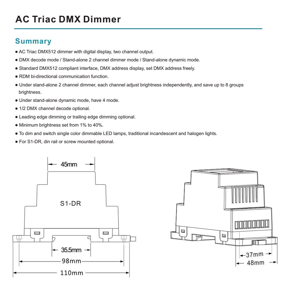 Ac dmx 512 led triac dimmer 220v 230v 110v 120v 240v dual channel dæmpbar dmx controller din rail pære triac dimmer switch  s1- dr