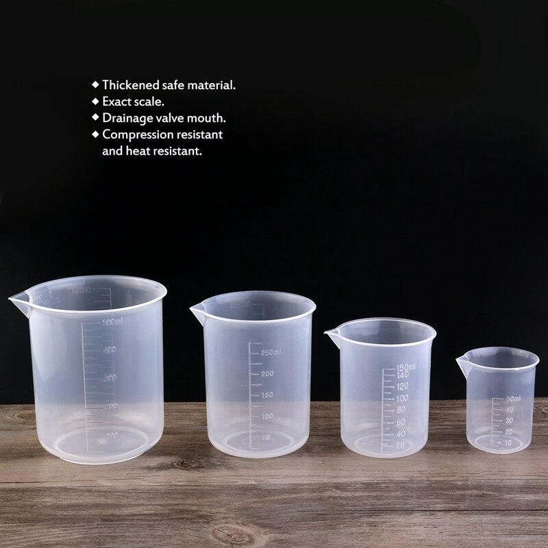 Juego de 4 vasos medidores de plástico de 50ml 150ml 250ml 500ml (transparente)
