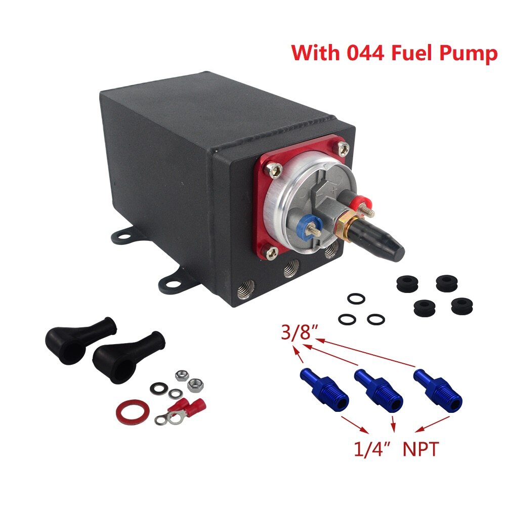 Single Fuel Pump Surge Tank Oil Catch Can Compatible with 044 Fuel Pump or 380 LPH Black PQY Fuel Pump With Different Fittings: NPT Silver fuel pump