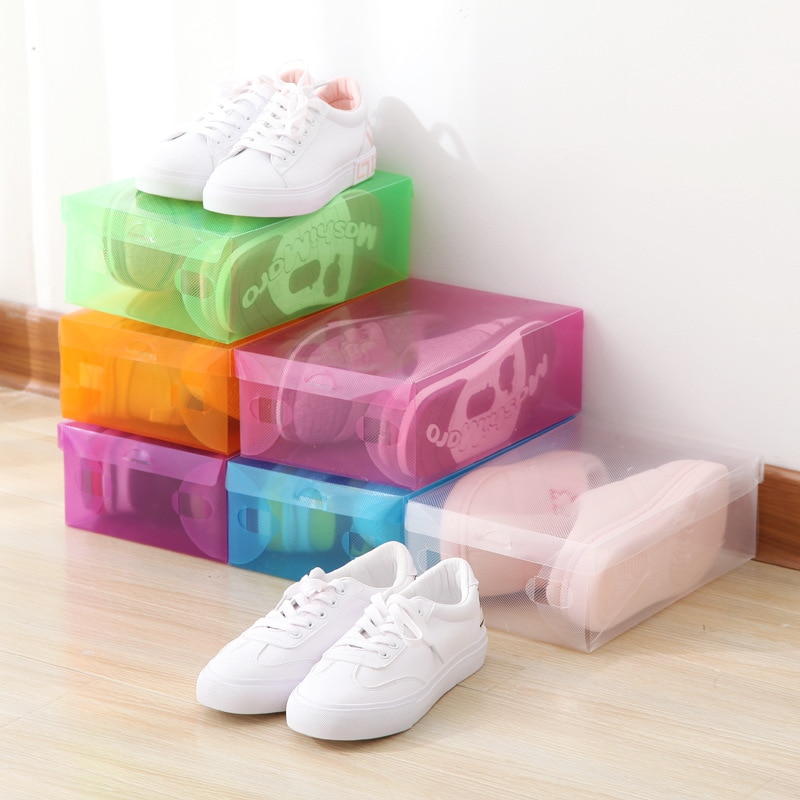 Caja de almacenamiento de zapatos de plástico transparente para mujer/niño, caja de cosméticos plegable, estante de zapatos de Color, caja de zapatos abatible, 5 uds.