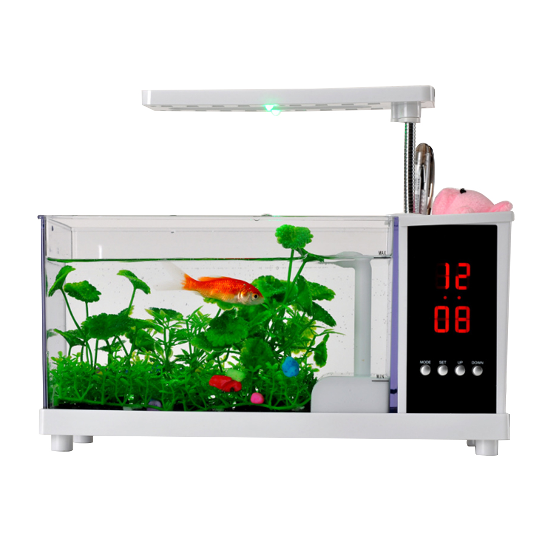Multifunction USB Powered Mini Fish Tank Aquarium with Alarm Clock Function: White