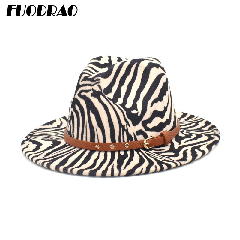 Fuodrao herfst winter fedora's dames wollen hoeden print jazz hoed heren brede rand gentleman cowboy pet  bm16
