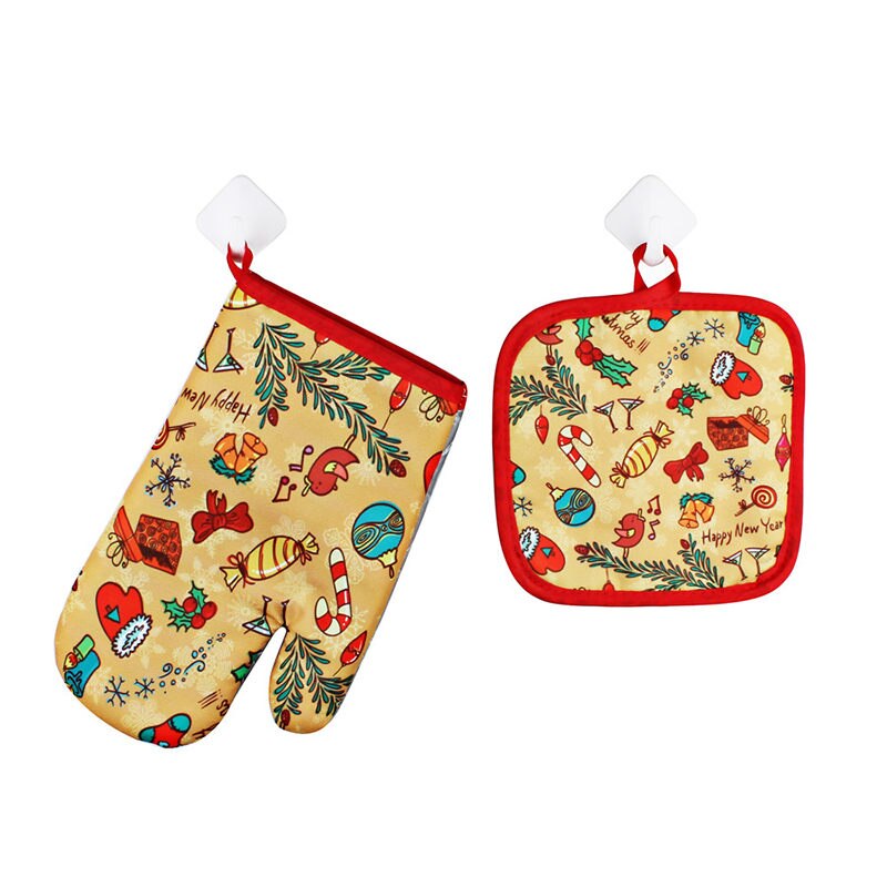 2Pcs/Set Oven Mitts Baking Anti Gloves Non-Slip Cotton Microwave Insulation Mat Christmas Decoration Baking Kitchen Tool: D