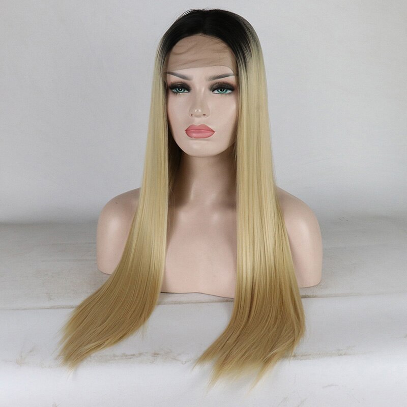 24 tommer lang silkeagtig lige kobberrød syntetisk blonde front paryk højtemperatur hår parykker til kvinder midterste del: 1 medfølger / 26 inches