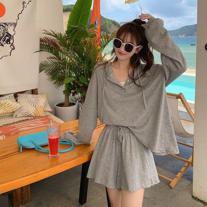 QWEEK-Pijama de algodón con pantalones cortos para mujer, ropa de estar por casa con capucha, ropa básica e informal para dormir, verano,: Grey / M