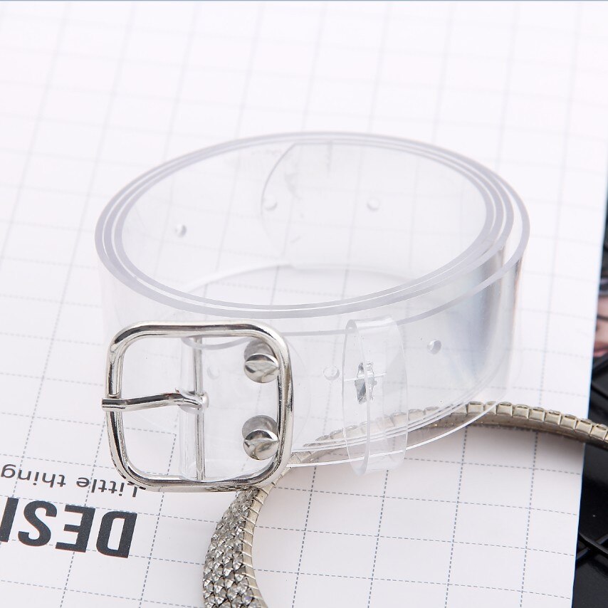 100cm / 39inch Resin Waist Belt Transparent Heart Buckle Belt Women Cute Jeans Dress Band Strap Harajuku Ladies PVC Clear Belt: Silver Square