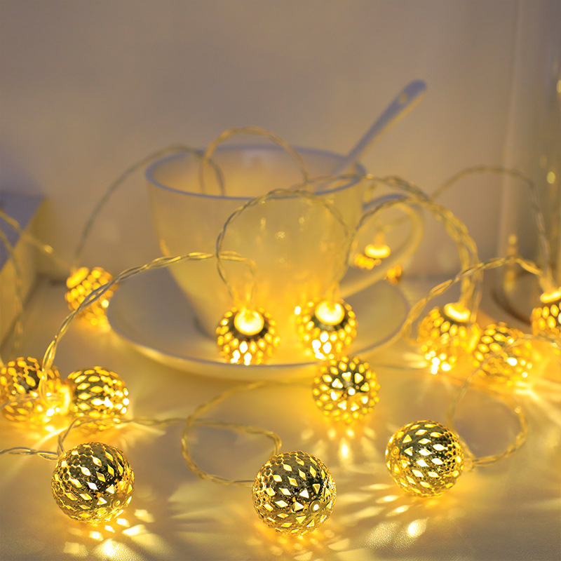 Battery Powered Moroccan Ball Lamp String LED Wrought Iron Metal Hollow Out Ball String Fairy Light 1.5/3 Meter 10/20LED C1: Warm light / Battery 20 lights
