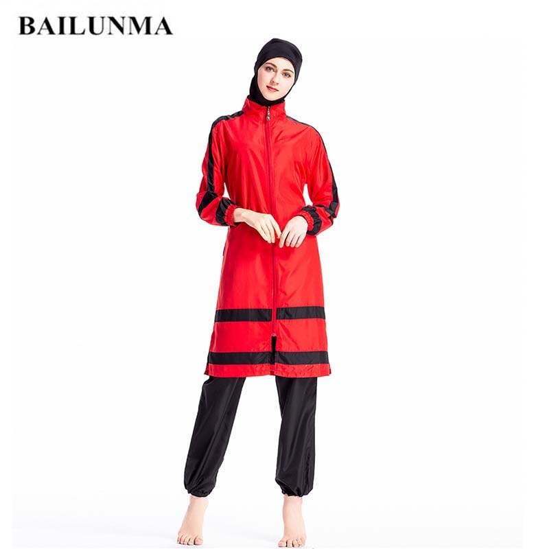 BAILUNMA Arabian Swimsuit Ladies Islamic Burkinis Muslim Swimwear Long Sleeve thin Sportswear Conservative Muslimah Swimsuit