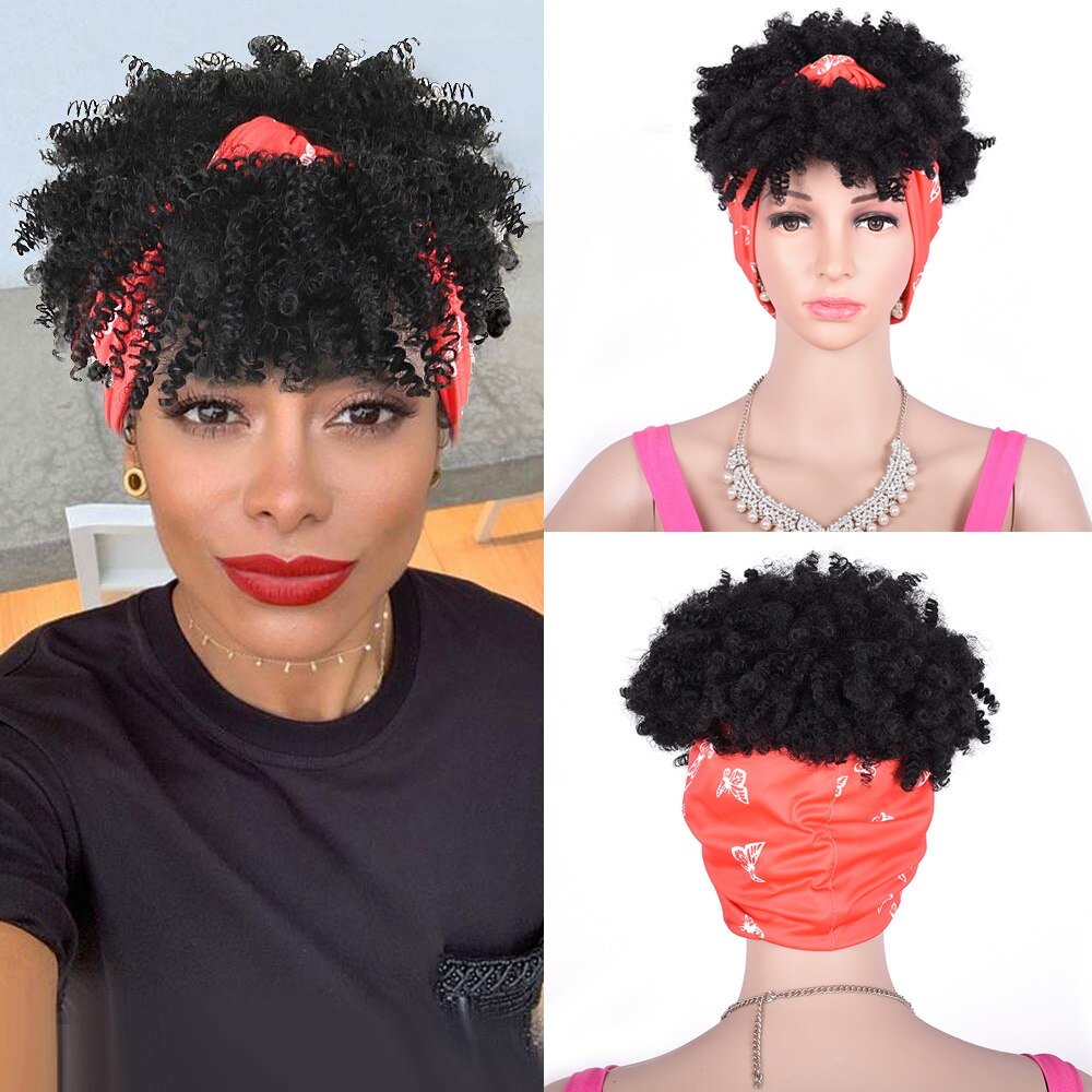 Peluca Afro corta para mujeres negras, coleta rizada con cordón y flequillo, turbante sintético, Headwrap-2 en 1: tjc1-1b