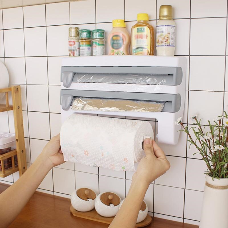 4- i -1 køkkenrulle dispenser husholdningsfilm stan folie håndklædeholder vægmonteret konserveringsfilm aluminium papir sauce opbevaringsholder