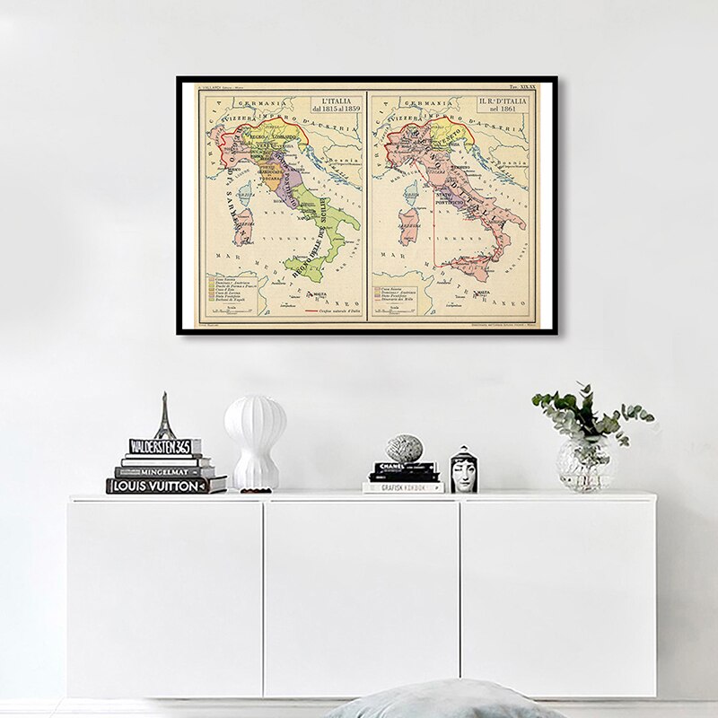 84*59cm The Italy Map Canvas Painting Retro Wall Art Poster for Office Home Decoration School Supplies