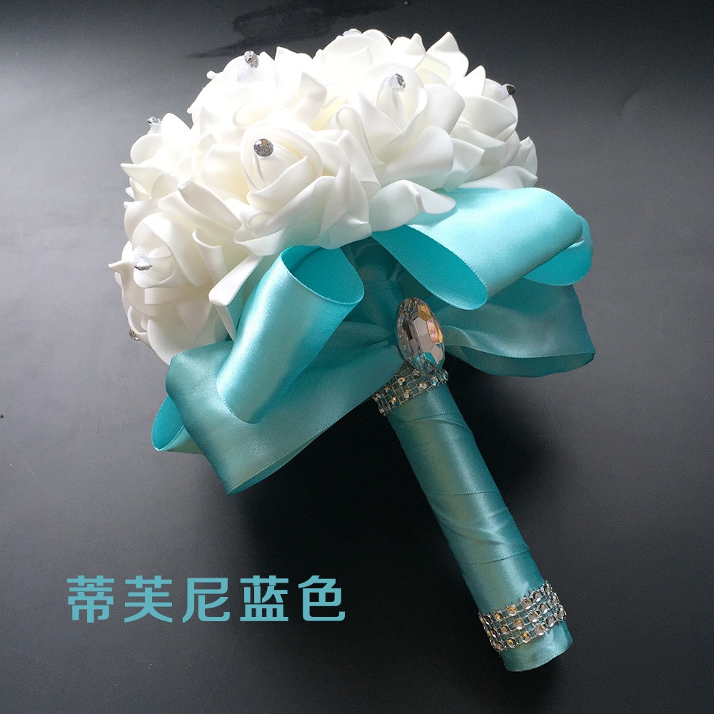2022 Handmade Tiffany blue Bridal Bridesmaid Flower Wedding Bouquet Artificial Rose Ribbon Crystal Bouquets de noiva Beau