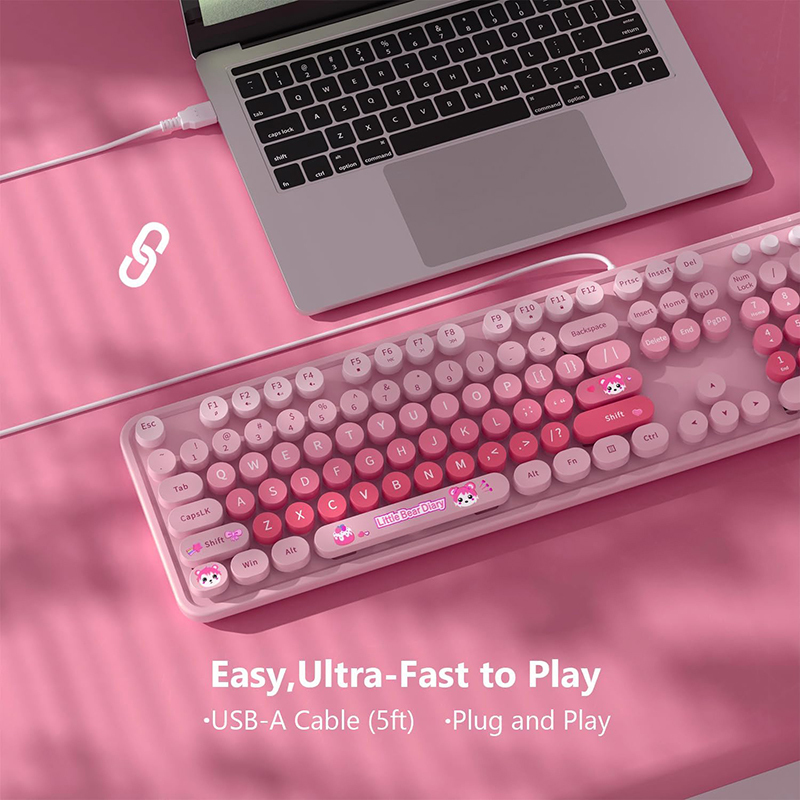 Ergonomic USB Plug and Play Wired Keyboard 104 Keys Full size Coloful Retro Round Cute Keycaps Wired Keyboard for WinXP/7/8/10