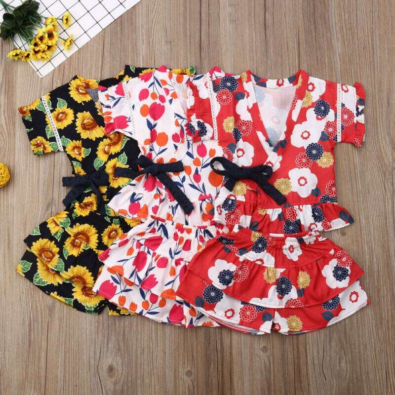 Uk Peuter Kid Baby Meisje Bloemen Ruche Tops Shorts Outfit Kleding Pyjama Zomer