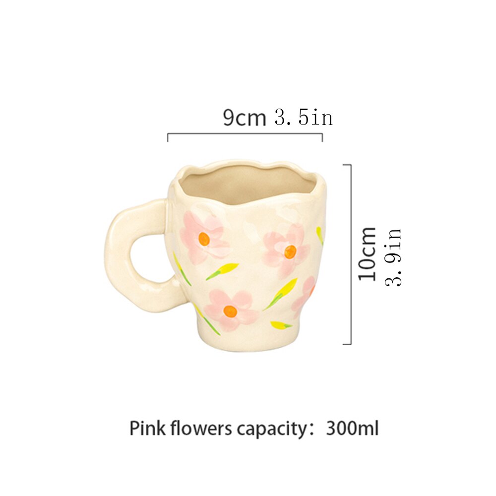 Tasse d'art en céramique avec soucoupe, tasse à eau en céramique avec pince à main, tasse à café, ensemble de tasse à jus de lait pour le petit déjeuner,: Pink flowers