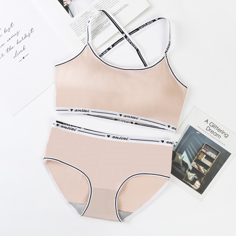Girls Bra and Panty Sets Teenage Padded Sport Training Bra+Panties Puberty Students Letter Printed Brassiere Underwear Panties: Skin