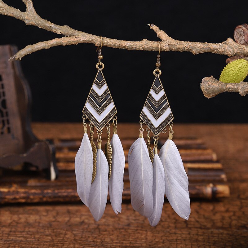 Pendientes con forma de diamante, joyería Popular con goteo de aceite, Retro, pluma, borla, Vintage, étnico, bohemio, de lujo: 12