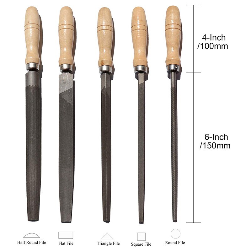 High Carbon Steel File Set with Wooden Handles Rasp File for Wood, Metal, Plastic, 5 Pieces (Steel File)