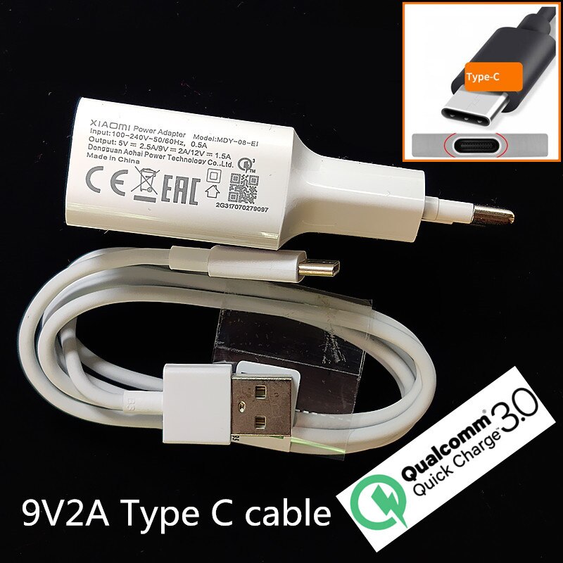 Xiaomi-cargador de 18W, adaptador USB tipo C para Mi 8, 9 SE, 9 t pro Mix 3, A2, A3, redmi note 7, 9, 8: Add type C cable