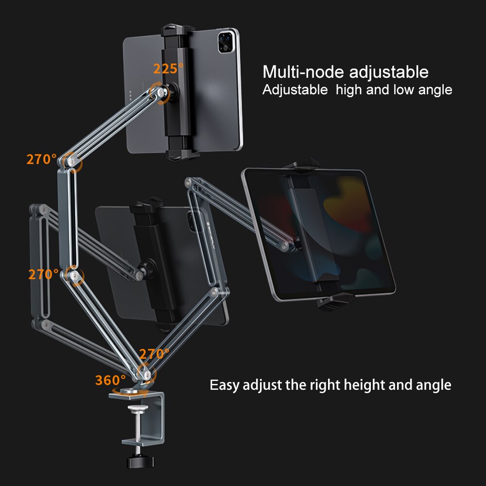 Tablet stand, adjustable aluminum phone holder, desk clamp for ipad pro 12,9, 11 mini, kindle, xiaomi mipad, lenovo desktop