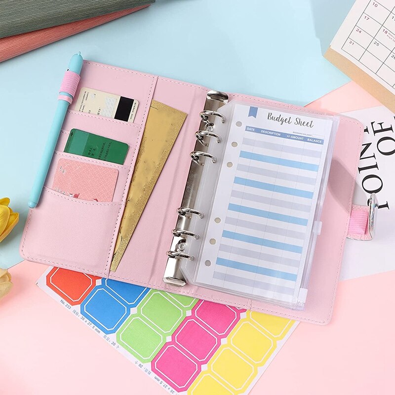 A6 Pu Lederen Bindmiddel Cover Roze Lederen Bindmiddel Bestand Pocket Losbladige Map 6-Ring Pvc Budget Envelop bindmiddel