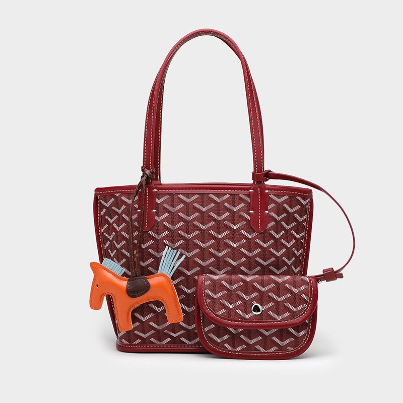 Style Korea Trendy Dog Tooth Tote Bag Size Picture-Mother Bag Waterproof PU Large-Capacity Shopping Bag: Small red