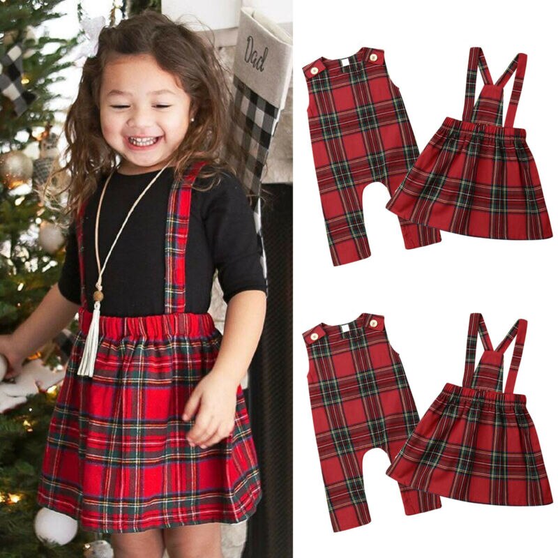 Nuovo 0-5Y bambino Sorelle Della Ragazza Di Natale Pagliaccetto fionda Vestito Da Partito Del plaid di Natale vestito