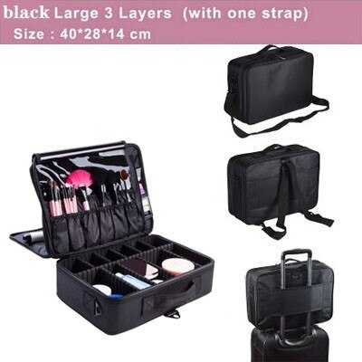 Brand Makeup Case Female Suitcase Organizer For Cosmetics Large Travel Women Make Up Bag Storage Bolso Muje: L 3 Layers Black