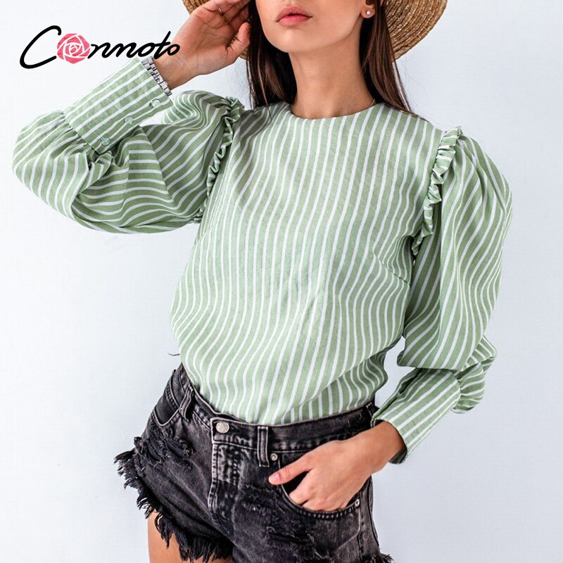 Conmoto lysegrøn efterår vinter kvinder bluse vintage office lady puff langærmet top kausal stripe flæse bluse