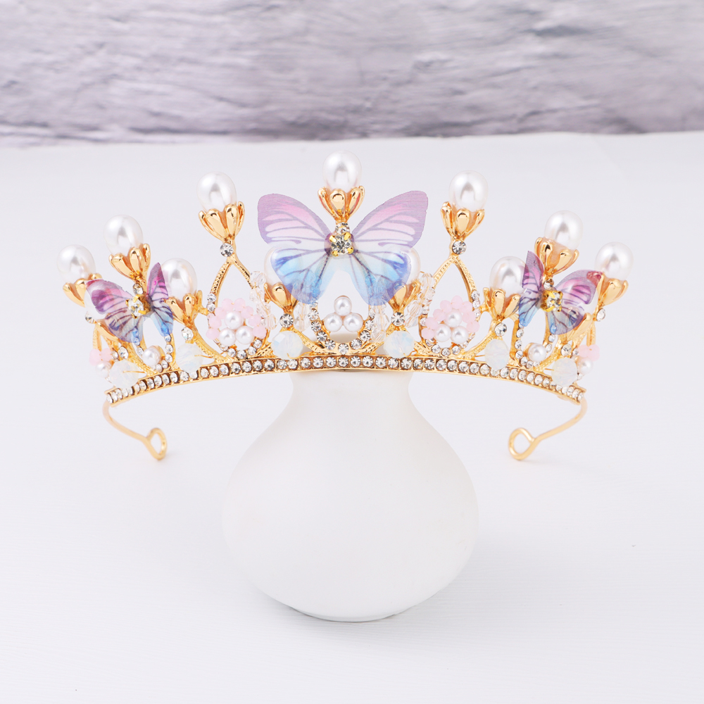 Korona księżniczki dla dziewczynek tiary motylkowe dla dziewczynek, kryształowa korona urodzinowa Model ślubny wybieg perłowy z pałąkiem na głowę