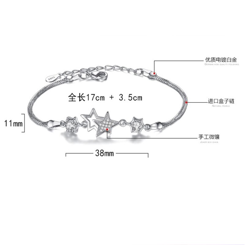 Anenjery Zilver Kleur Armbanden & Bangles Zirkoon Crystal Star Perzik Bloesem Bloem Pulseira Feminina S-B30
