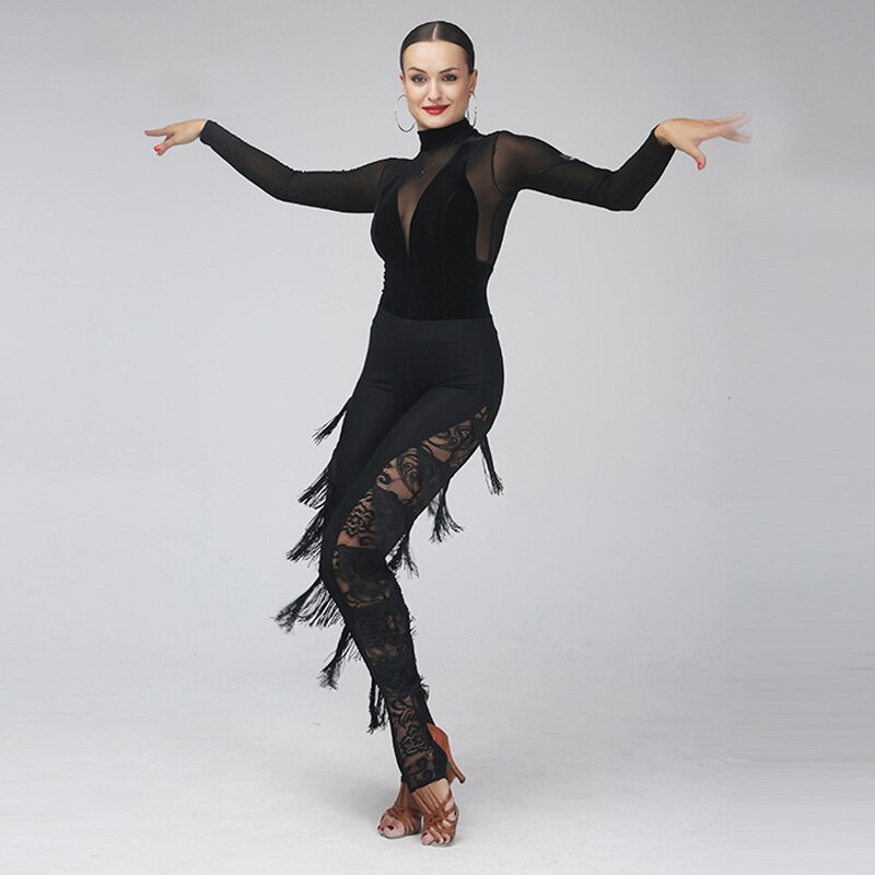 Sexy Latin Dance Pants For Lady Black Lace Tassels Pant Ballroom Cha Cha Women Training Fitness Trousers Dance Costumes VDB377