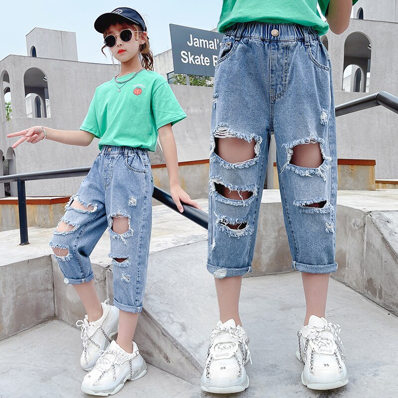 Kinderen Broek Meisjes Dunne Jeans Ripped Cropped Jeans Gaten Korte Broek Denim Zomer 6 8 10 11 12 Jr Kids Kostuum