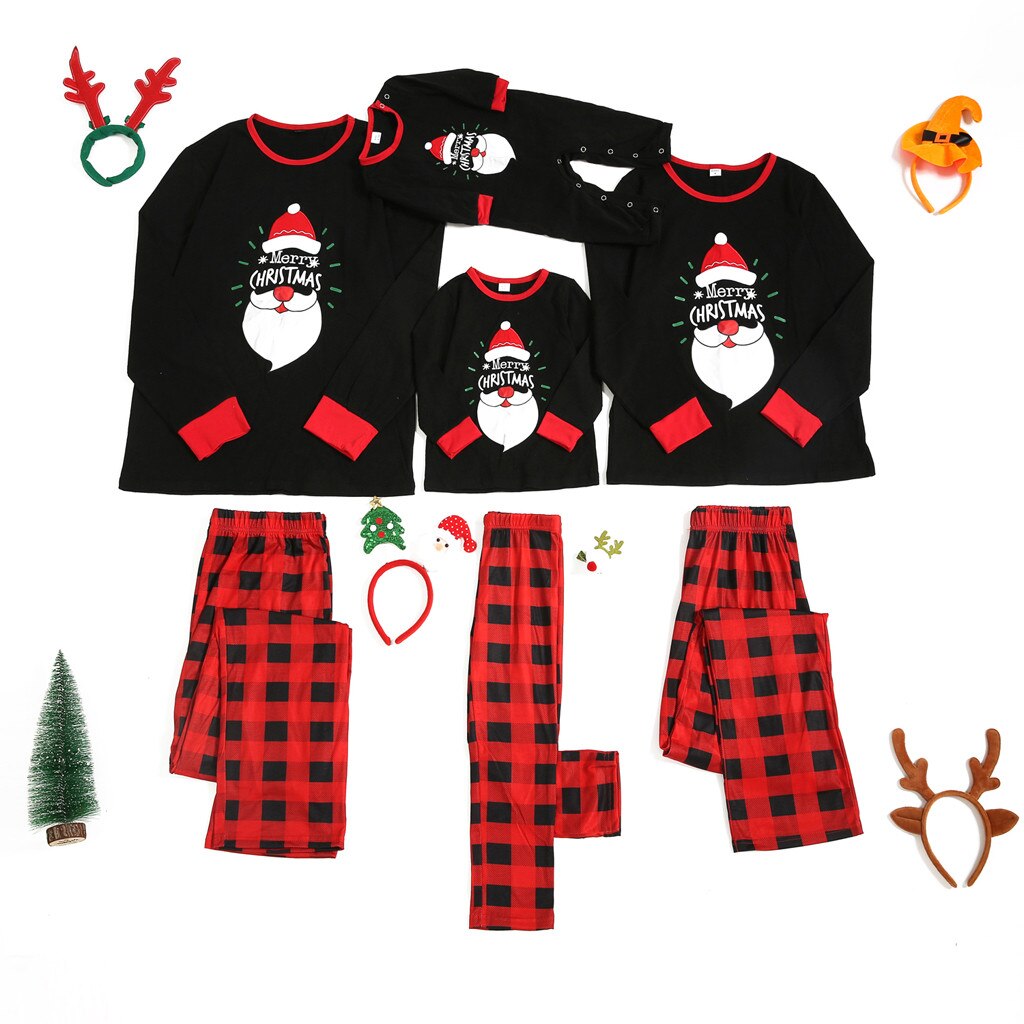 Família natal pijamas 2020 homens feliz natal dos desenhos animados pijamas xadrez família combinando pijamas calças combinando roupas de família: Baby 18-24 Months