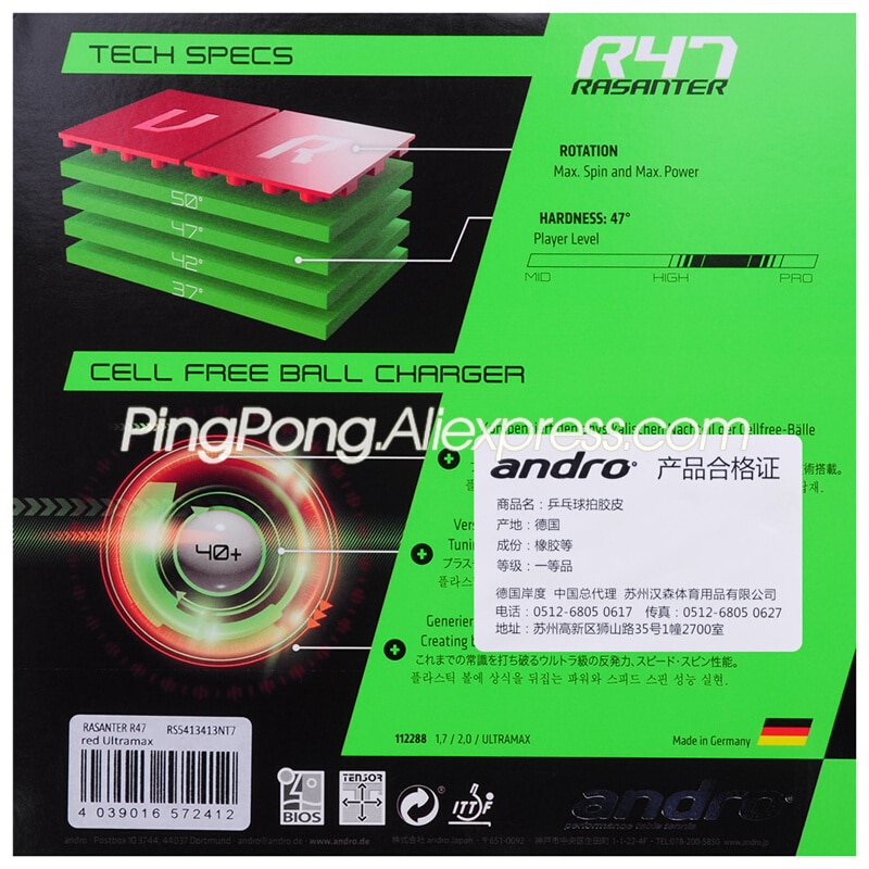 Andro RASANTER R47 tenis de mesa de goma Pips-en Original R47 esponja de Ping Pong