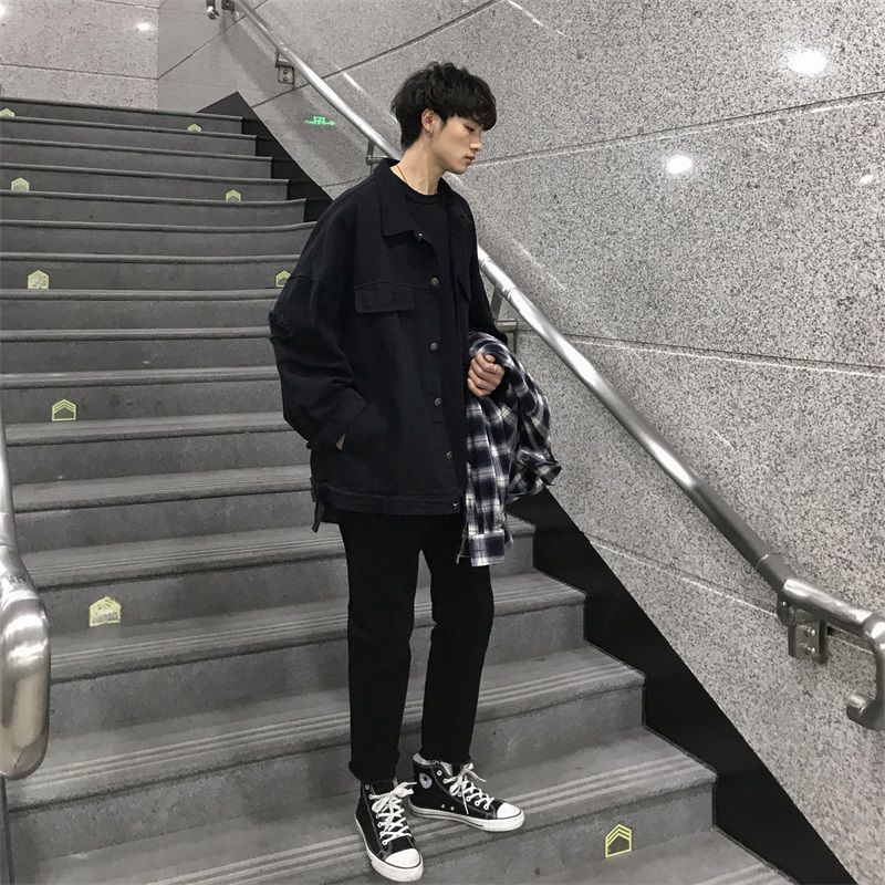 Herfst gescheurde spijkerjas heren casual retro gescheurde spijkerjassen heren streetwear losse hiphop bomberjack heren m -2xl